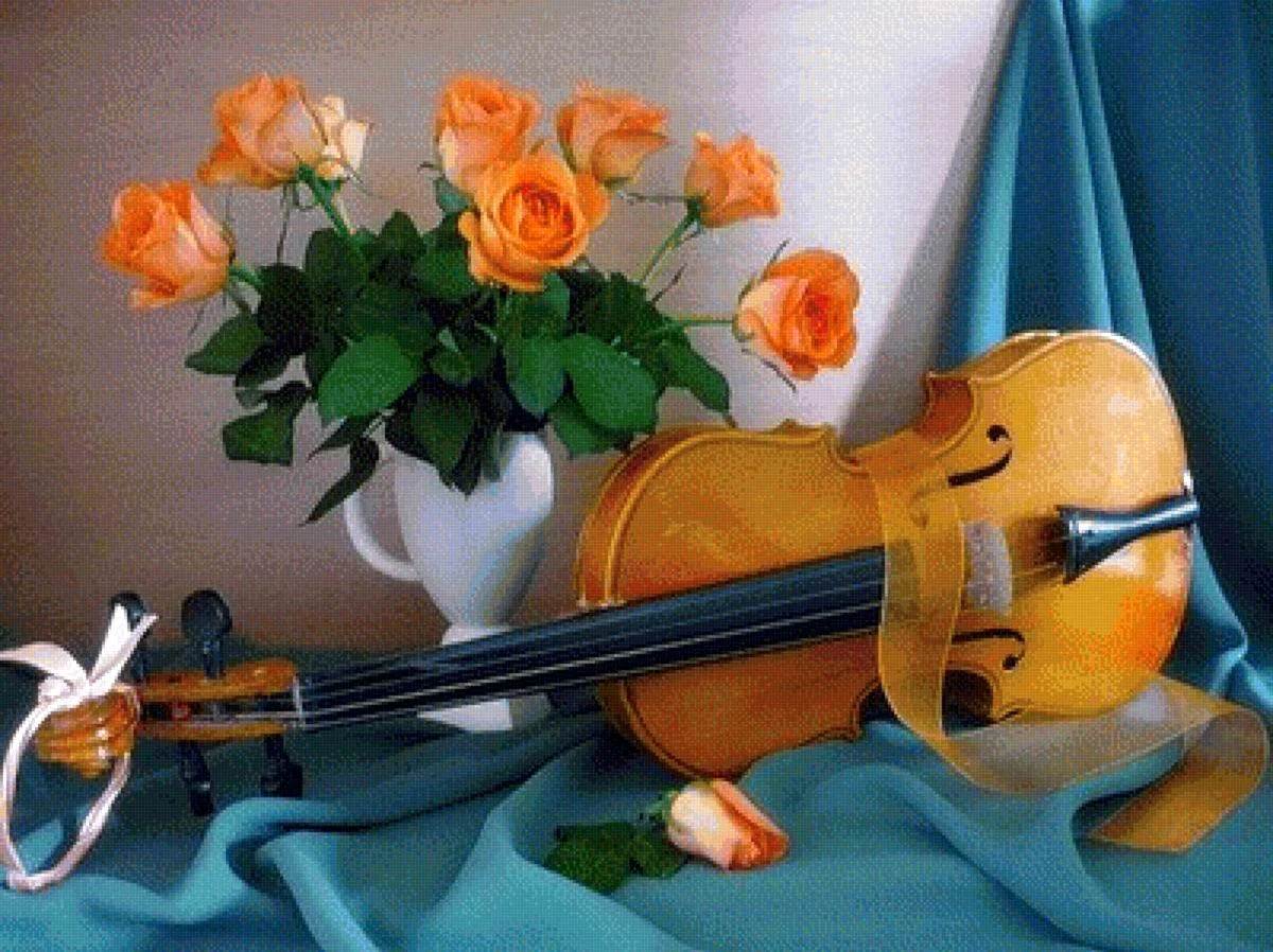 Музыкальные инструменты и цветы. Красивая картинка